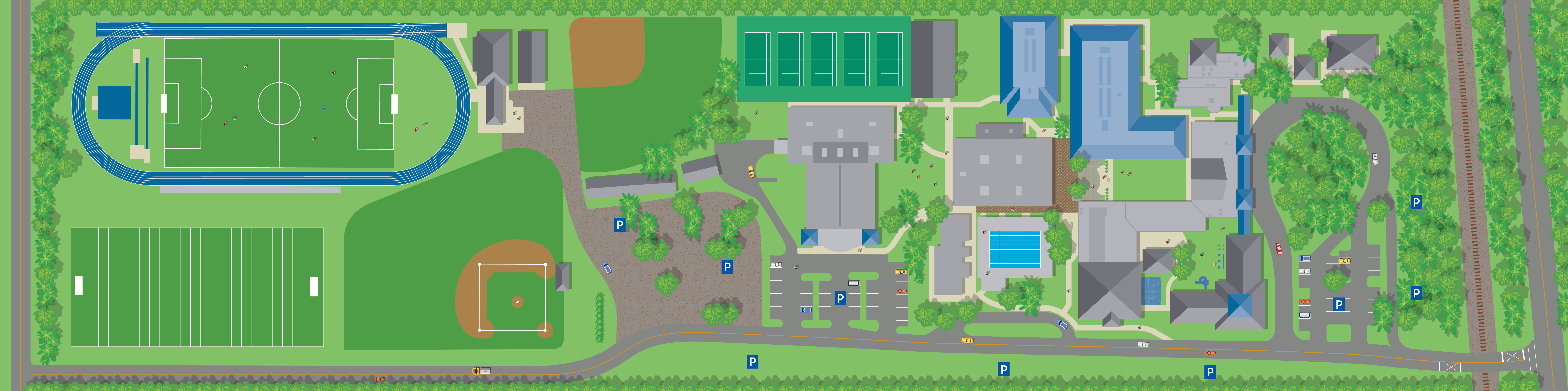 Illustrated SJCDS map of a school campus featuring buildings, parking lots, tennis courts, swimming pool, soccer field, baseball field, track, and green spaces.